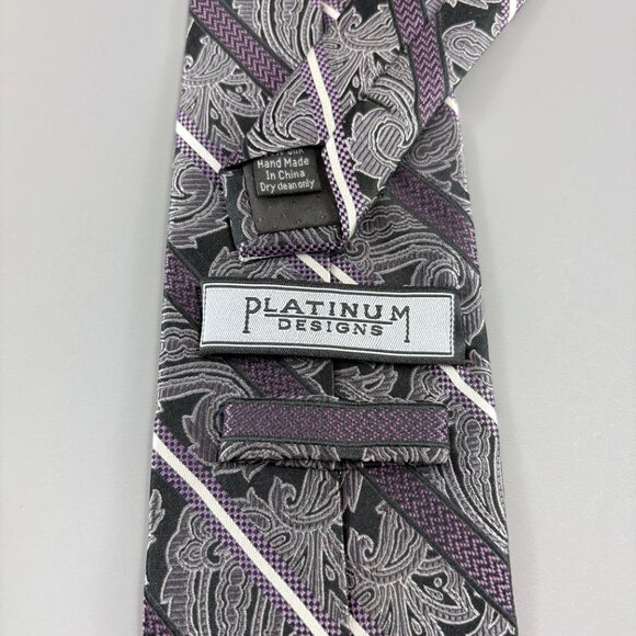 Platinum Designs Black Paisley / Purple Striped Men's Long Tie 3 3/4' x 62" - Picture 3 of 3